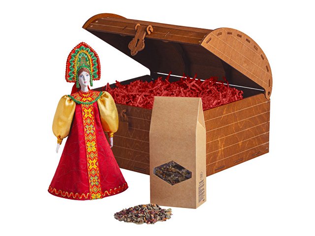 Подарочный набор: кукла фарфоровая, чай "Малина с мятой", красный