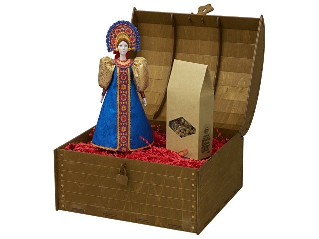 Подарочный набор: кукла фарфоровая, чай "Малина с мятой", синий