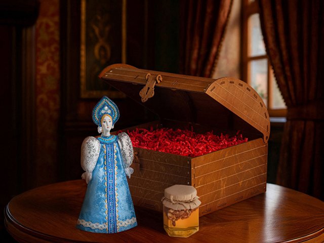 Подарочный набор: кукла фарфоровая, мед, голубой