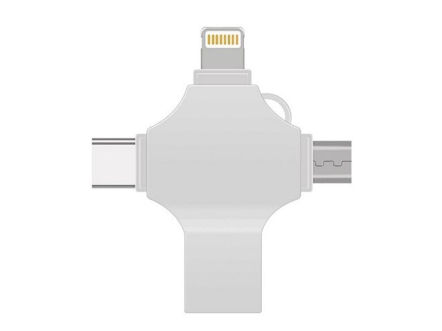 USB-флешка на 128 Гб 4 в 1 поворотный механизм, c дополнительными разъемами MicroUSB, TypeC и Lightning, серебристый