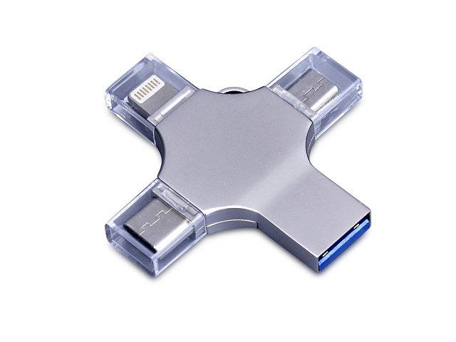 USB-флешка на 128 Гб 4 в 1 поворотный механизм, c дополнительными разъемами MicroUSB, TypeC и Lightning, серебристый