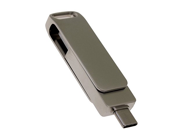 USB 2.0- флешка на 32 Гб поворотный механизм 2 в 1, c дополнительным разъемом Type-C с одноцветным металлическим клипом, серый