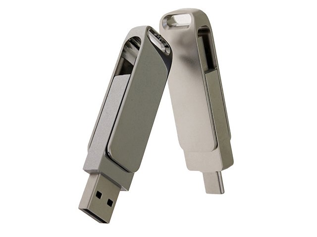 USB 2.0- флешка на 32 Гб поворотный механизм 2 в 1, c дополнительным разъемом Type-C с одноцветным металлическим клипом, серый
