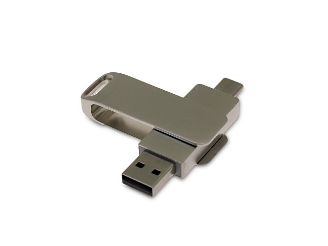 USB 2.0- флешка на 32 Гб поворотный механизм 2 в 1, c дополнительным разъемом Type-C с одноцветным металлическим клипом, серый