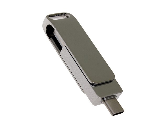 USB 2.0- флешка на 64 Гб поворотный механизм 2 в 1, c дополнительным разъемом Type-C с одноцветным металлическим клипом, серебристый
