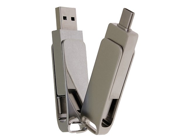USB 2.0- флешка на 64 Гб поворотный механизм 2 в 1, c дополнительным разъемом Type-C с одноцветным металлическим клипом, серебристый