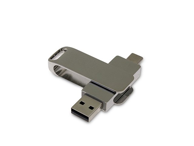 USB 3.0- флешка на 64 Гб поворотный механизм 2 в 1, c дополнительным разъемом Type-C с одноцветным металлическим клипом, серебристый