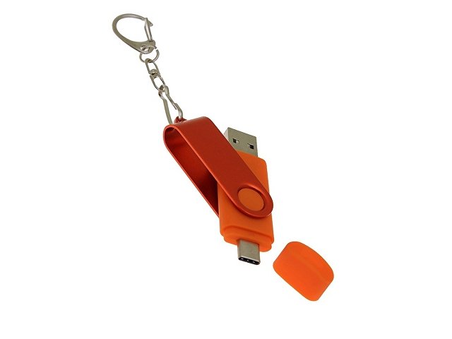 USB-флешка на 16 Гб 2 в 1 поворотный механизм, c дополнительным разъемом Type-C с одноцветным металлическим клипом, оранжевый