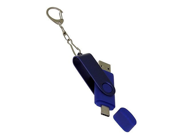 USB-флешка на 32 Гб 2 в 1 поворотный механизм, c дополнительным разъемом Type-C с одноцветным металлическим клипом, синий