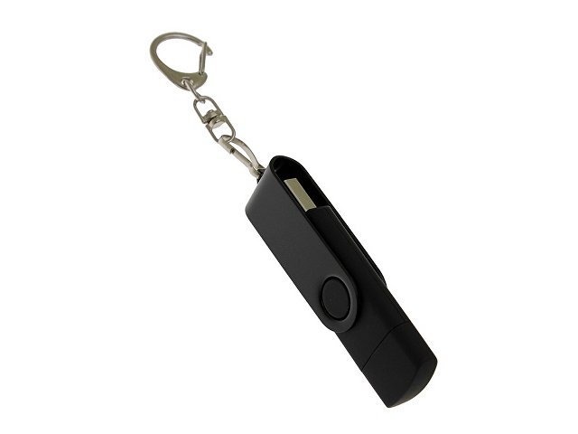 USB-флешка на 64 Гб 2 в 1 поворотный механизм, c дополнительным разъемом Type-C с одноцветным металлическим клипом, черный