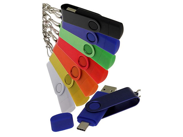 USB-флешка на 64 Гб 2 в 1 поворотный механизм, c дополнительным разъемом Type-C с одноцветным металлическим клипом, оранжевый