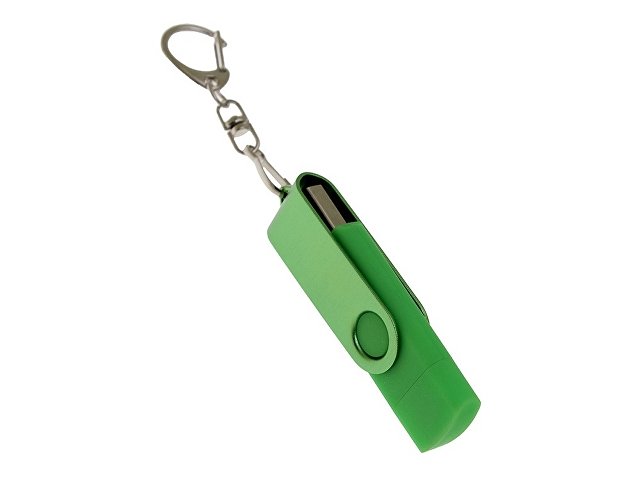 USB-флешка на 64 Гб 2 в 1 поворотный механизм, c дополнительным разъемом Type-C с одноцветным металлическим клипом, зеленый