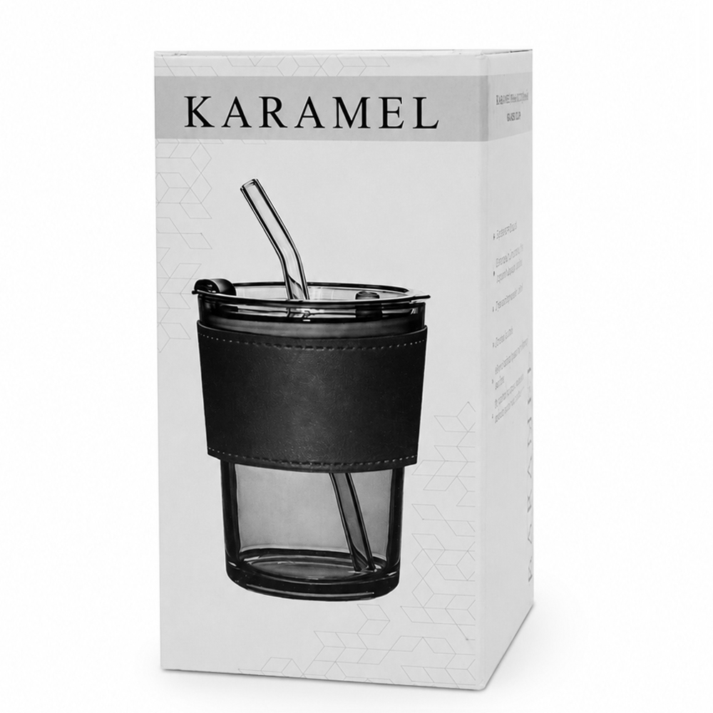 Стакан стеклянный с трубочкой и капхолдером Karamel, черный