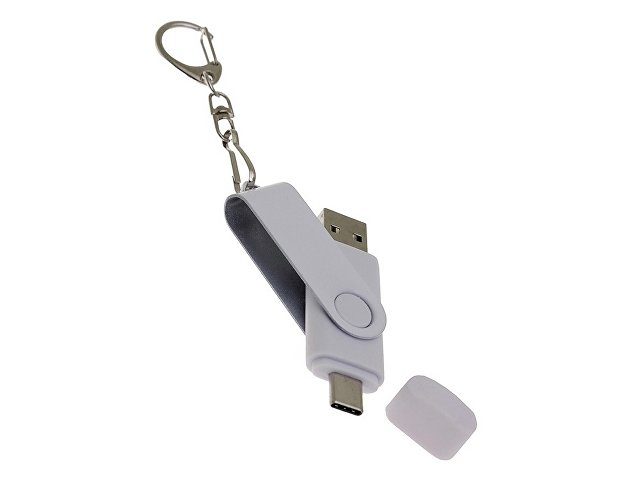 USB-флешка на 64 Гб 2 в 1 поворотный механизм, c дополнительным разъемом Type-C с одноцветным металлическим клипом, белый