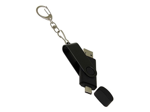 USB-флешка на 64 Гб 2 в 1 поворотный механизм, c дополнительным разъемом Type-C с одноцветным металлическим клипом, черный