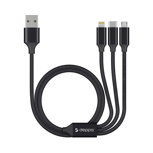 Дата-кабель 3 в 1: micro USB, USB-C, Ligthning, алюминий, 1.2м, черный, Deppa