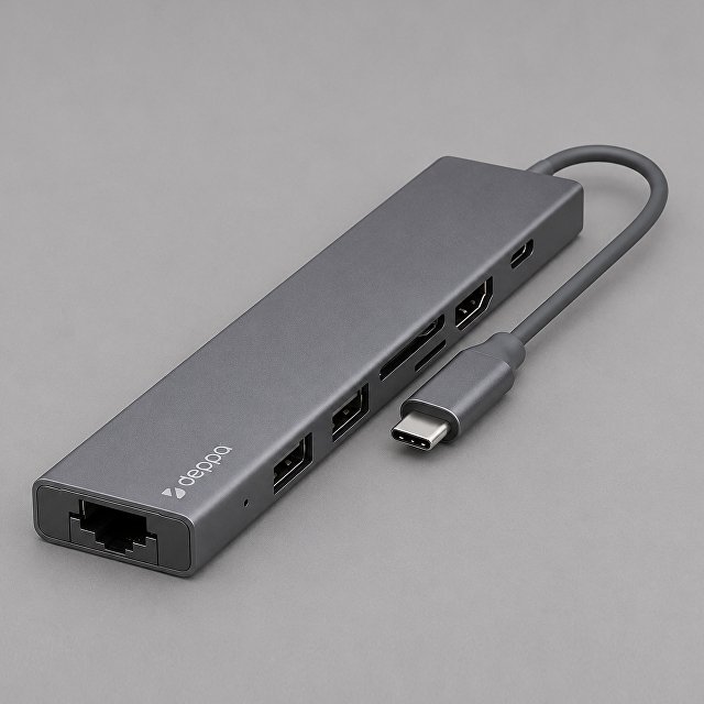 USB Type-C хаб 7-в-1, HDMI, Power Delivery, 2xUSB 3.0, RJ45, microSD/SD, графит, Deppa
