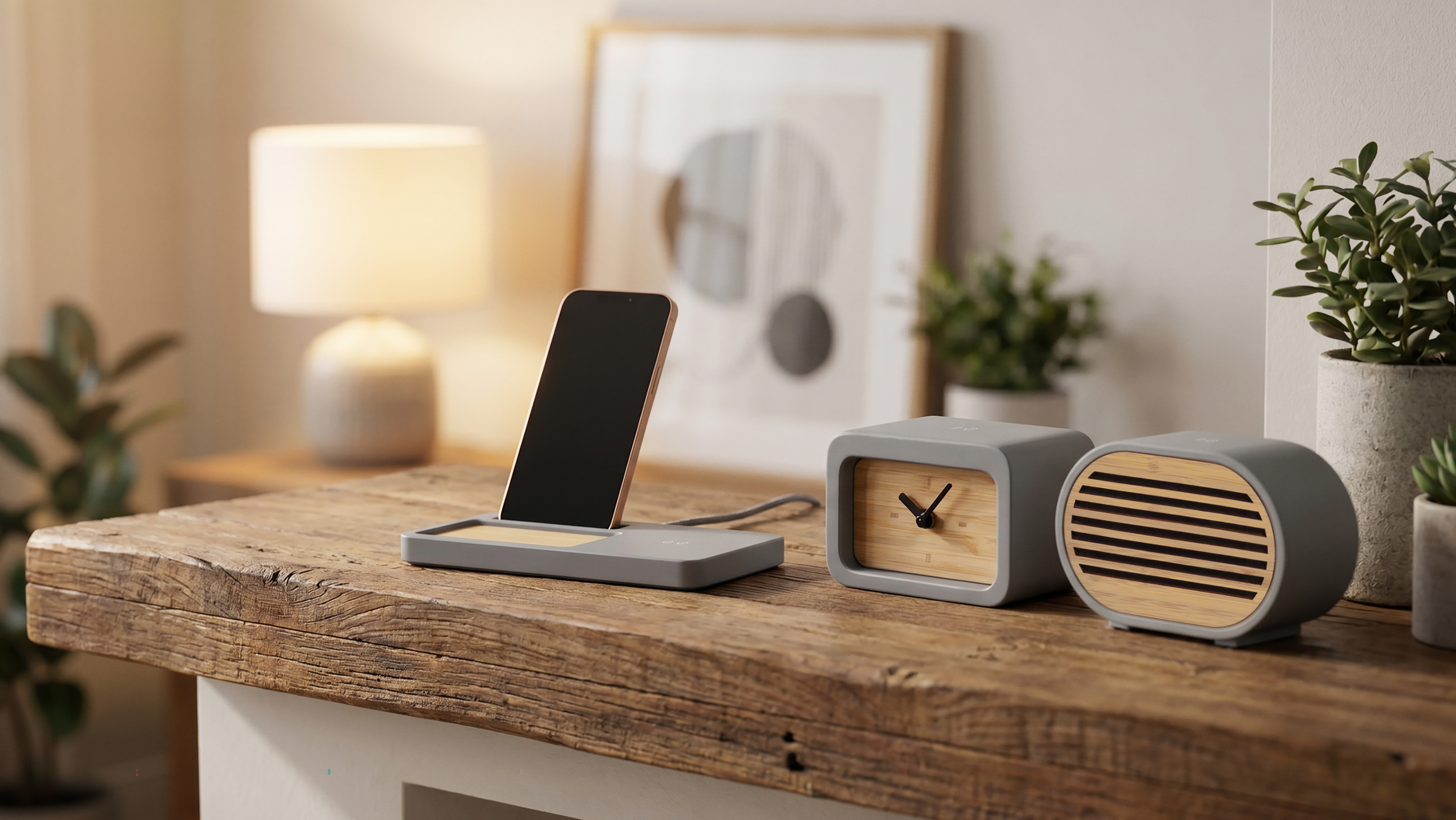 Bluetooth-колонка "Stonehenge" 5Вт с беспроводным зарядным устройством, камень/бамбук, серый/бежевый