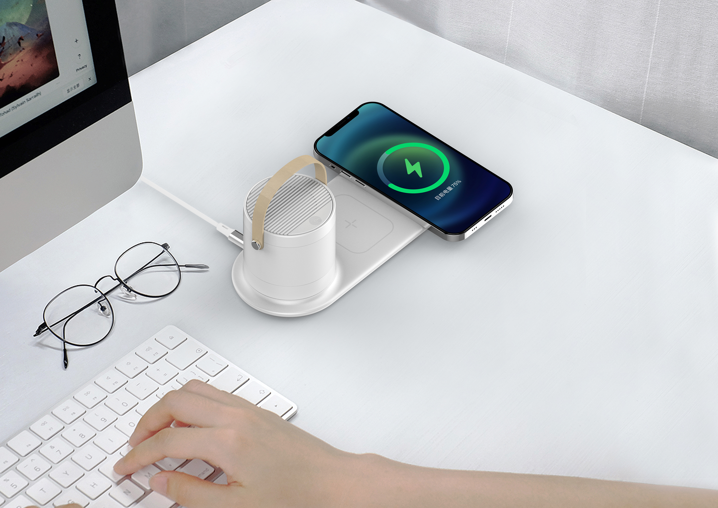 Настольная беспроводная (15W) зарядная станция "Smart Home" с bluetooth колонкой-лампой, белый