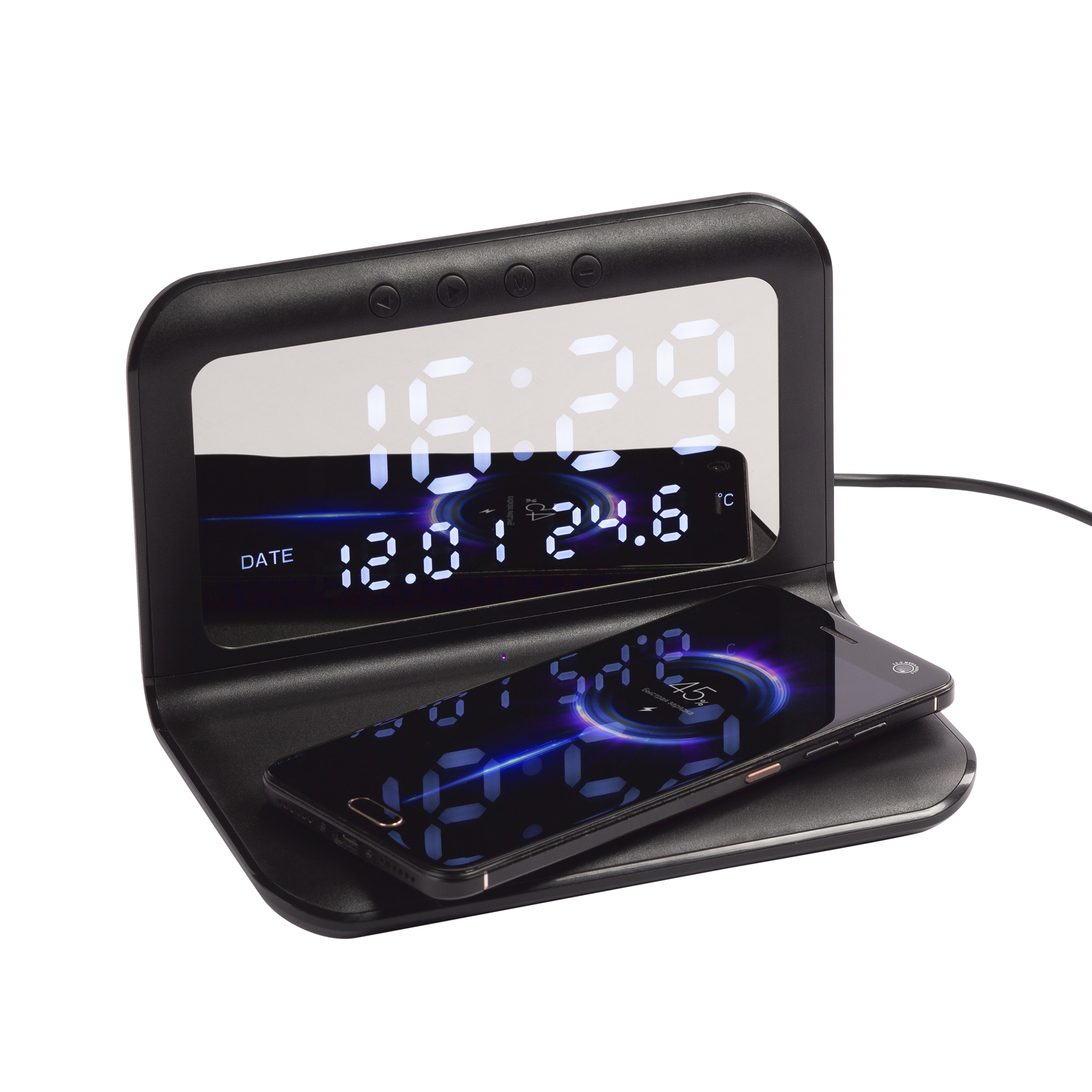 Настольные часы "Smart Time" с беспроводным (15W) зарядным устройством, будильником и термометром, со съёмным дисплеем, черный