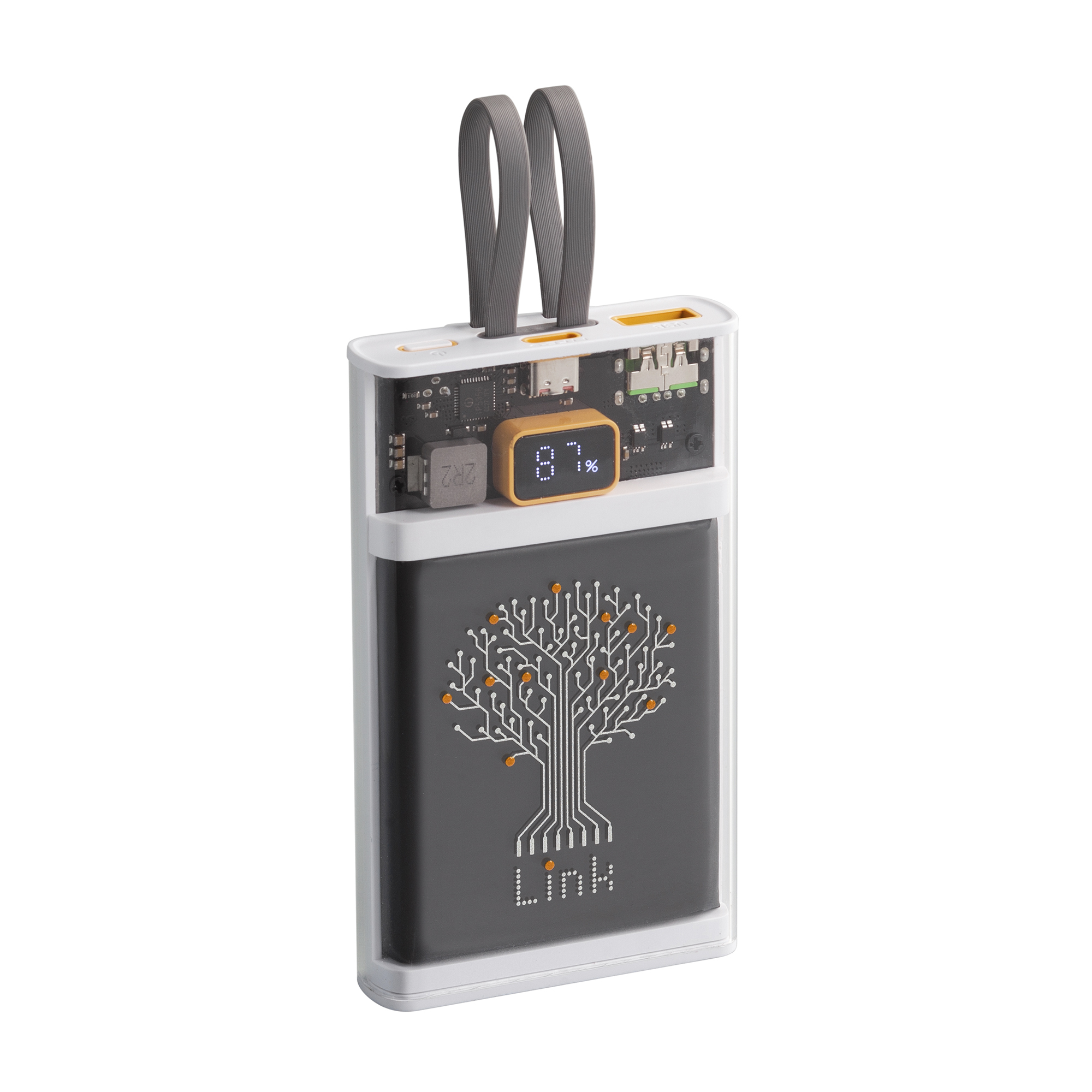 Зарядное (22.5W) устройство "Link" 10000 mAh с прозрачным корпусом, цифровым индикатором заряда и встроенными Type-C/Lightning кабелями, белый/черный