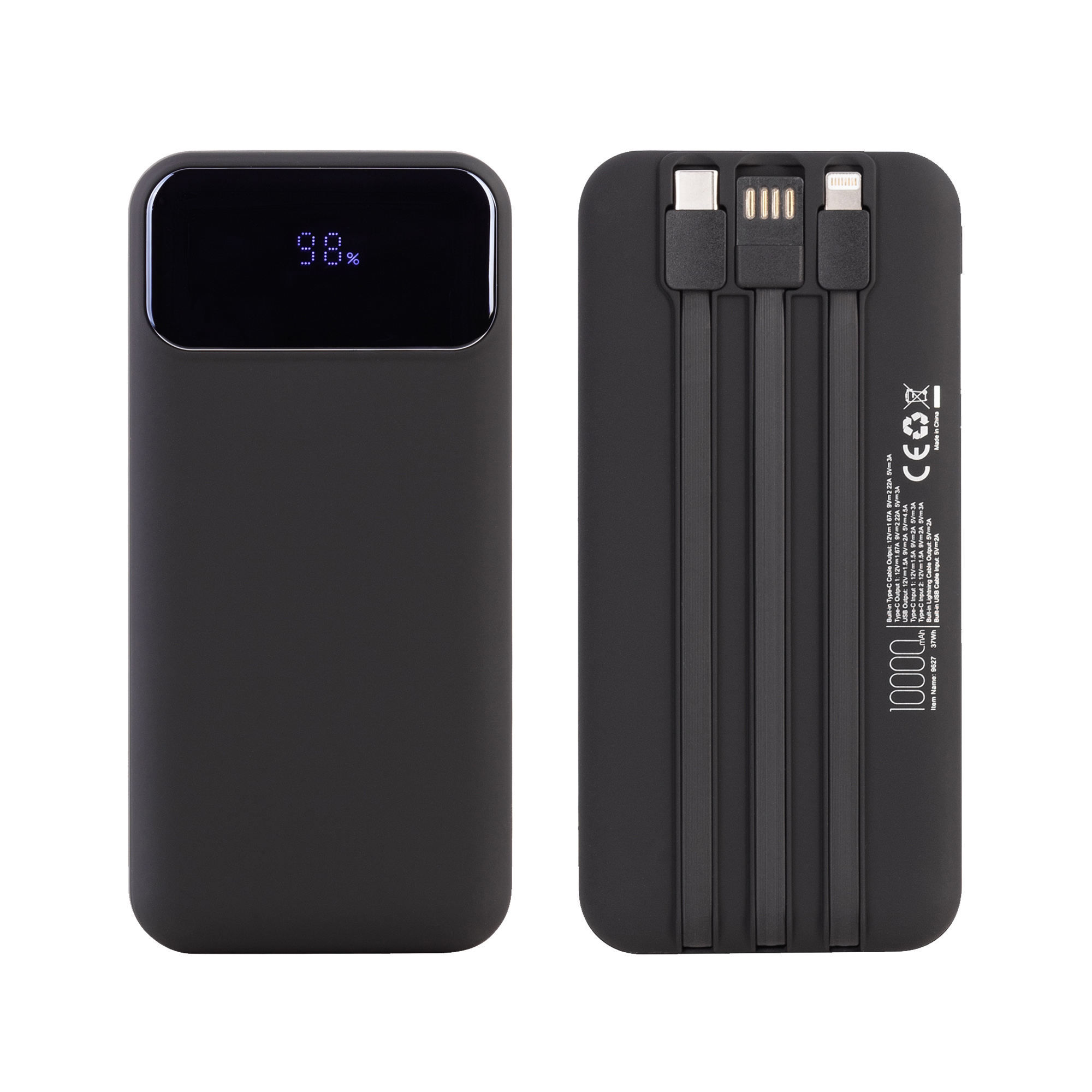 Зарядное (22.5W) устройство "Grade SOFTTOUCH" 10000 mAh с подсветкой логотипа, встроенными кабелями и цифровым индикатором заряда, черный