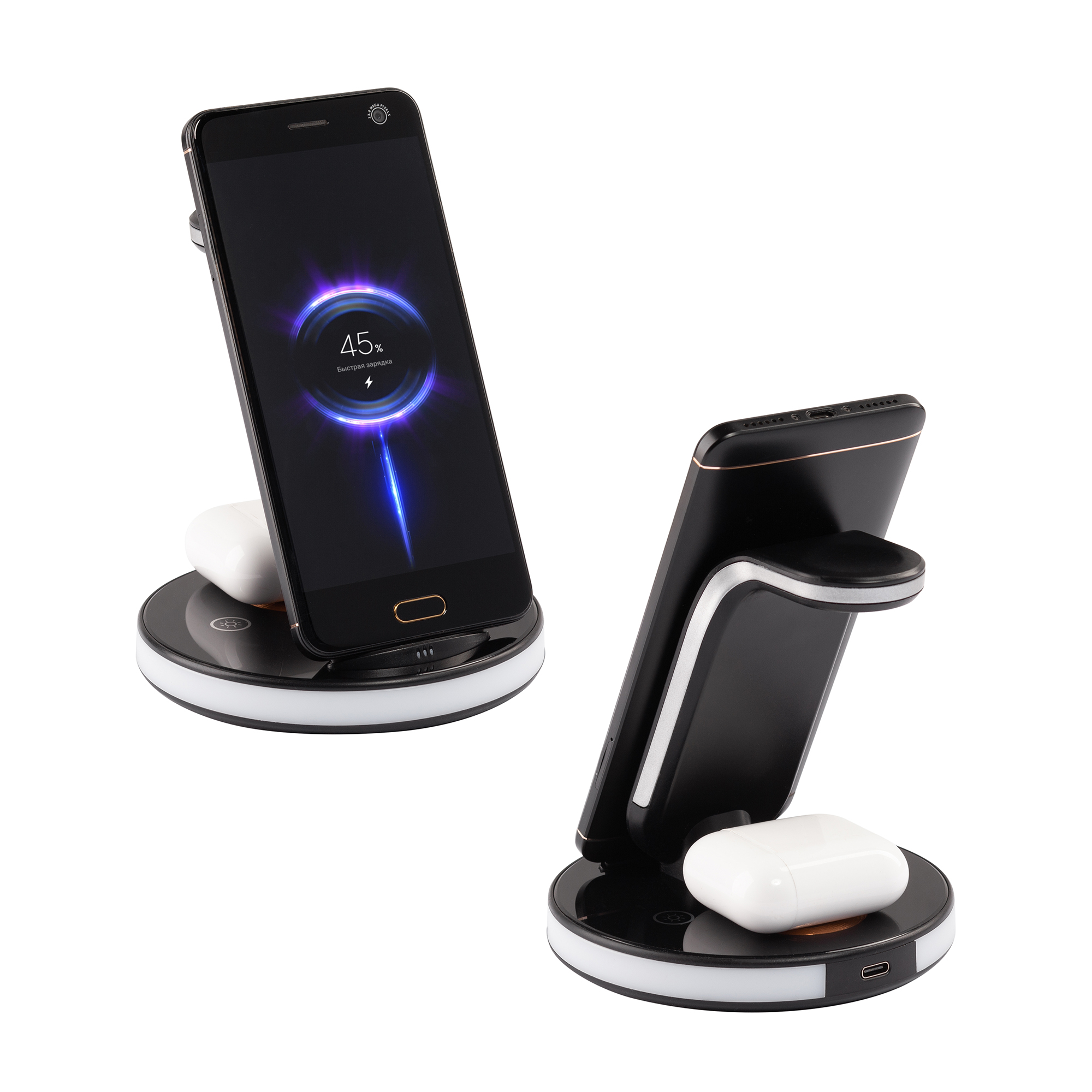 Беспроводная (15W) зарядная станция "Tron" с прозрачным корпусом и подсветкой, черный с серебристым