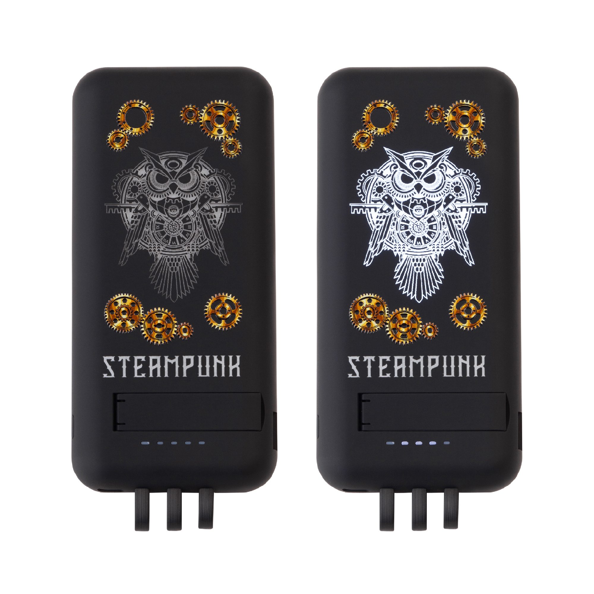 Беспроводное зарядное (22.5/15W) устройство "Topfull SOFTTOUCH" 10000 mAh с подсветкой лого, присосками, встроенными кабелями, с подставкой, черный