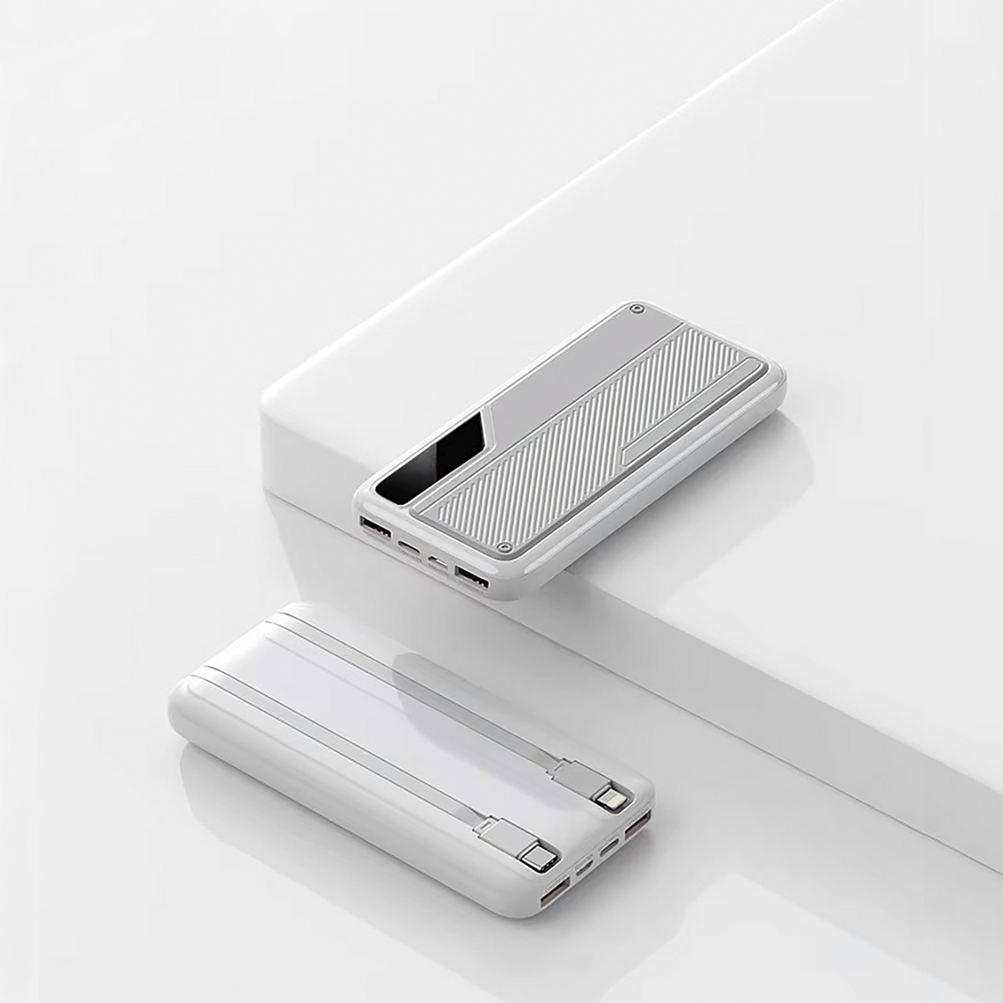 Зарядное устройство "Connect" 10000 mAh со встроенными Type-C/Lightning кабелями, белый с серым