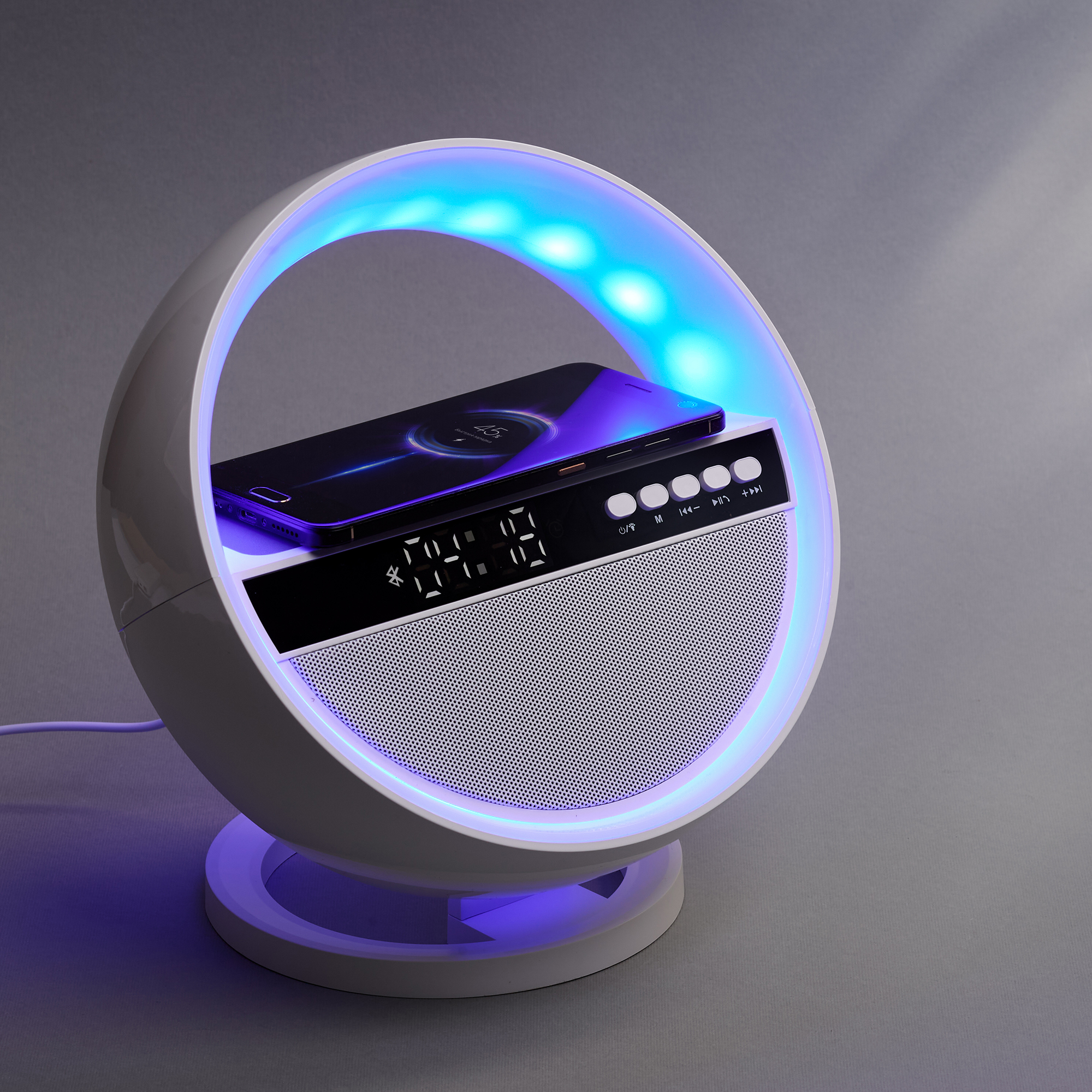 Bluetooth колонка "Smart Orb" 5Вт с беспроводным (15W) ЗУ, лампой, часами, FM радио, белый