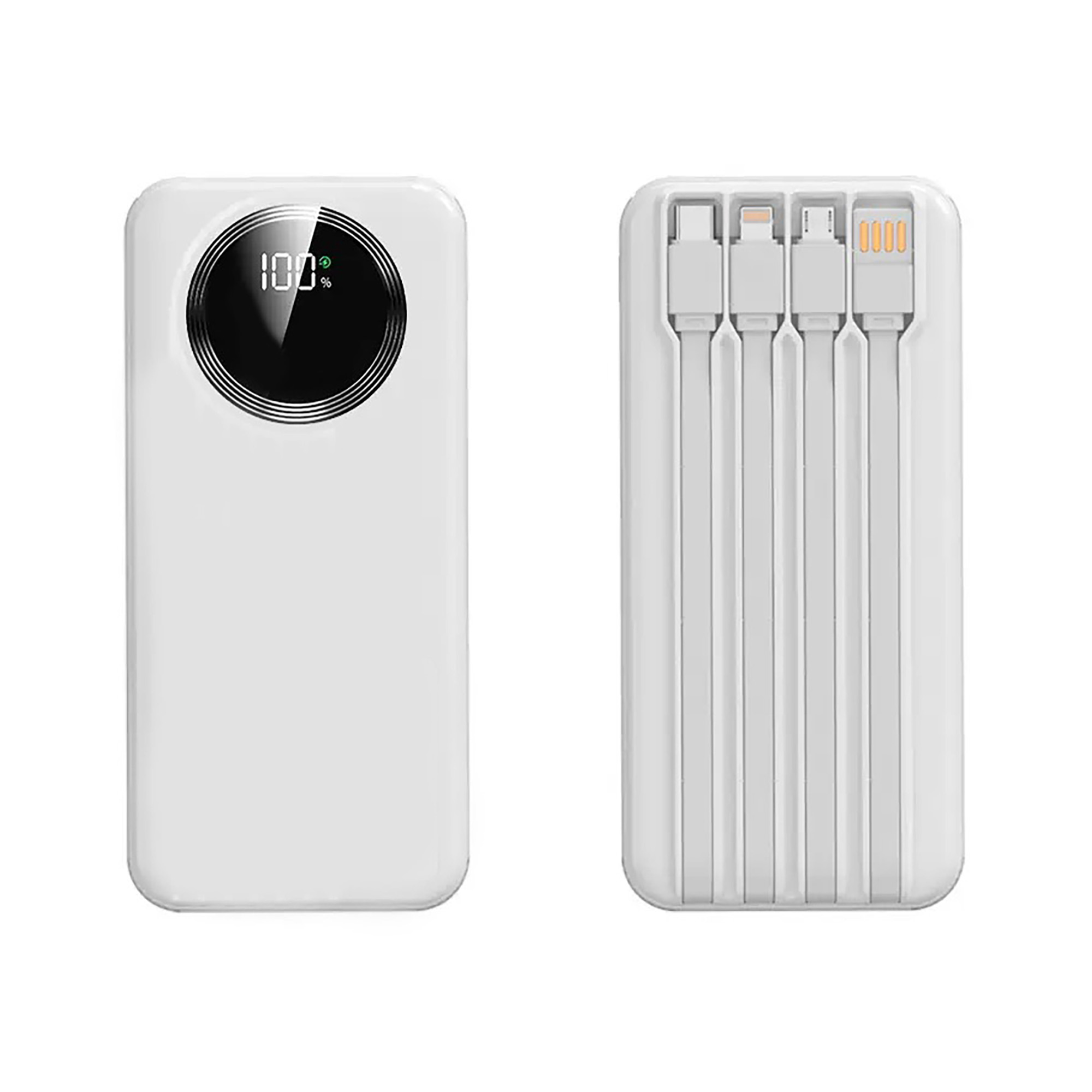 Зарядное устройство "Phantom" 10000 mAh с 4мя встроенными кабелями и цифровым индикатором заряда, белый