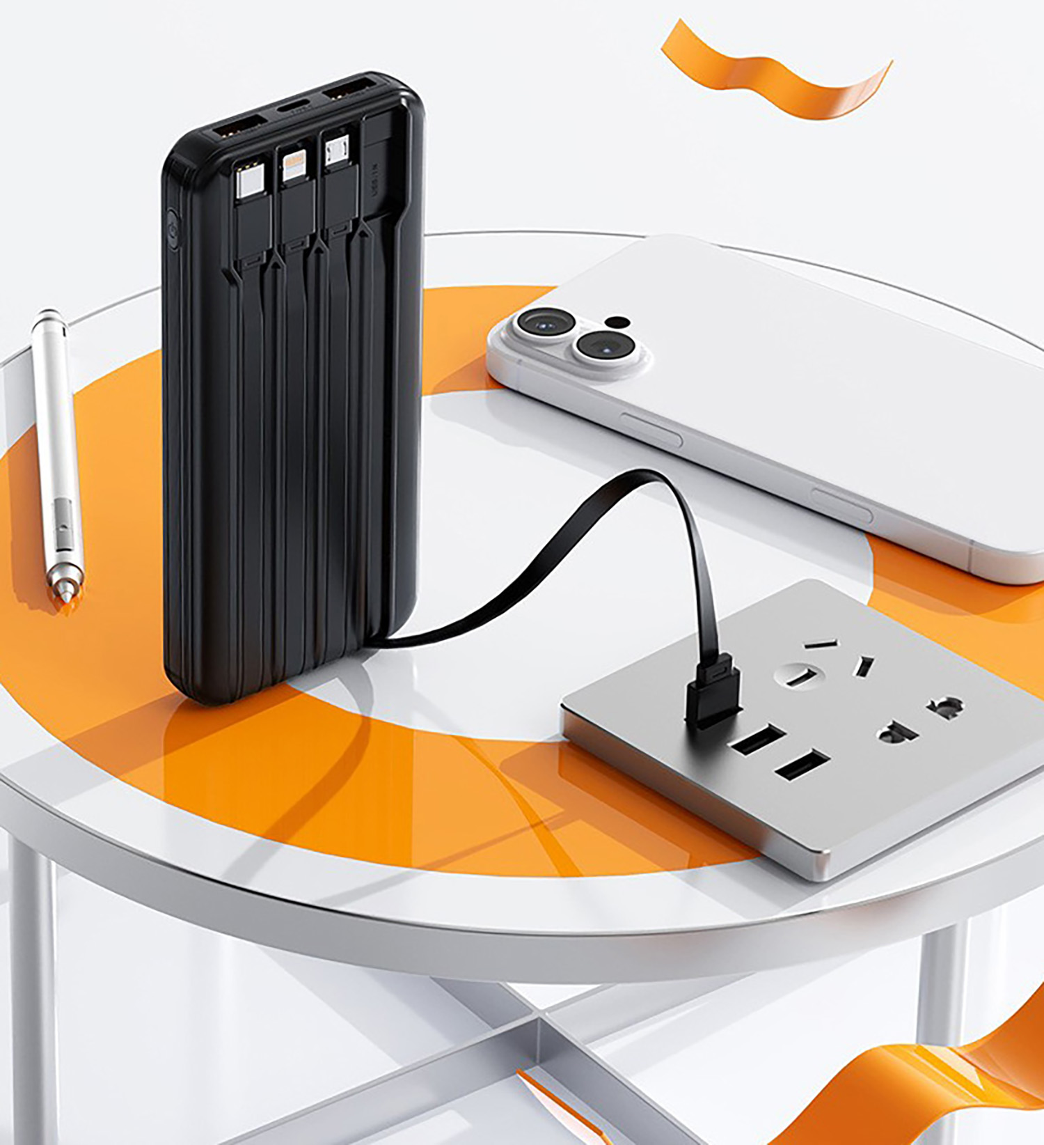 Зарядное устройство "Phantom" 10000 mAh с 4мя встроенными кабелями и цифровым индикатором заряда, черный