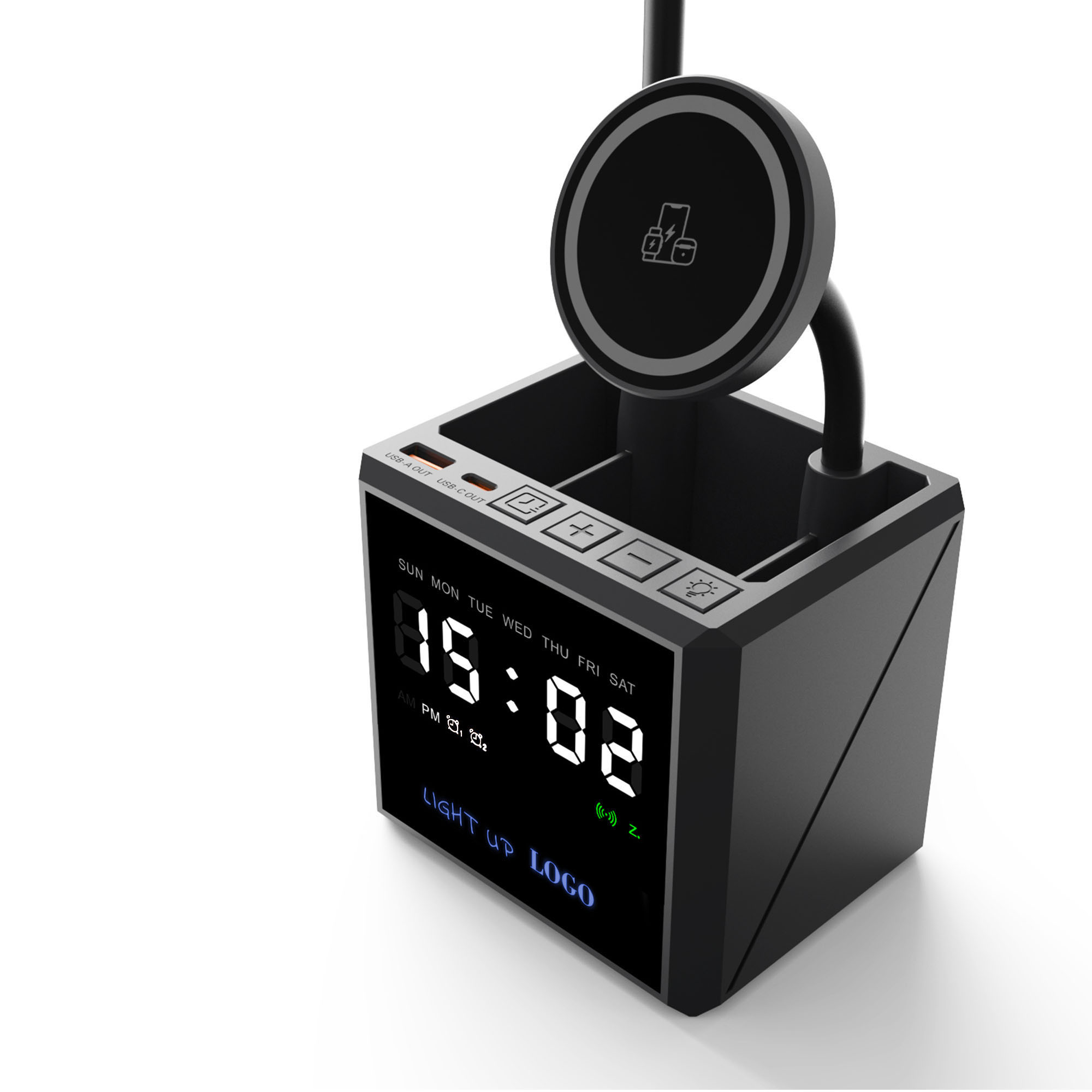 Лампа "Smart Flex" с беспроводным 3в1 (15W) ЗУ с MagSafe, часами, карандашницей и подсветкой логотипа, черный