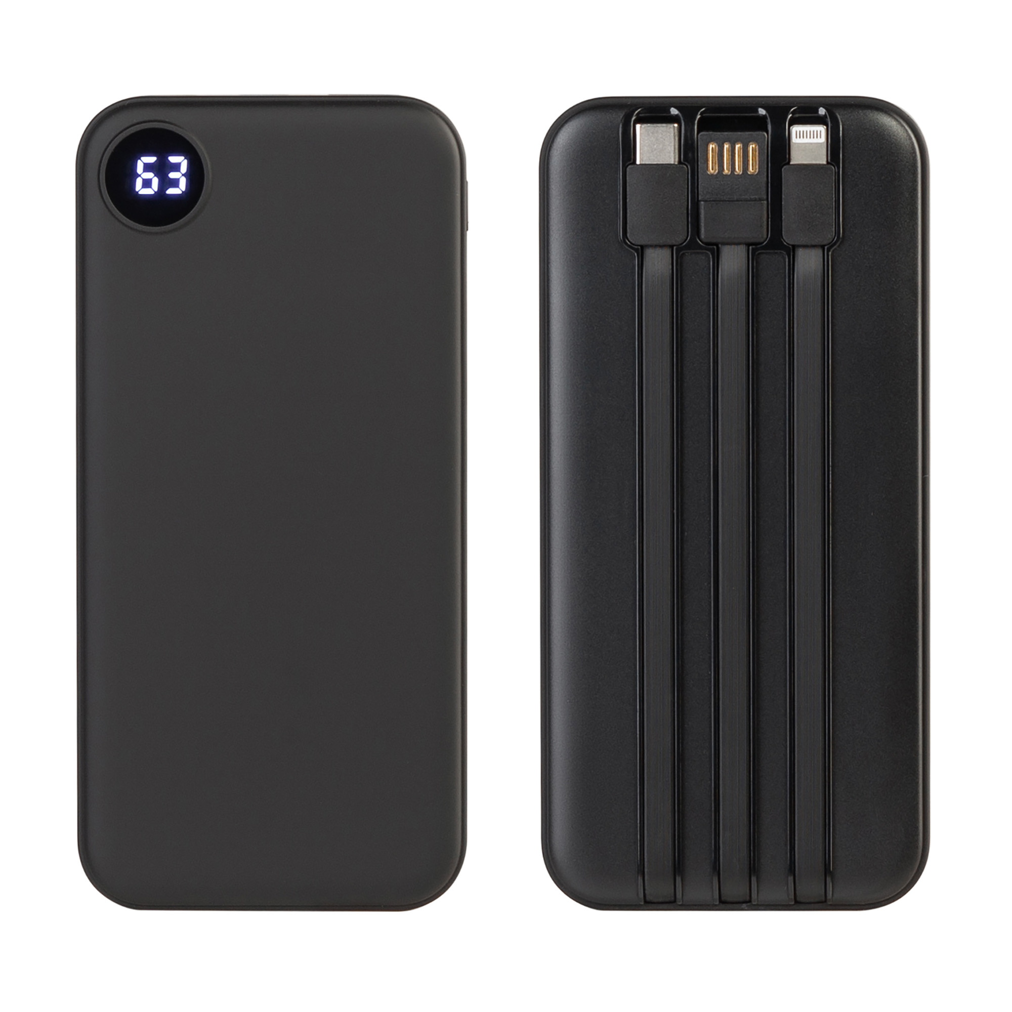 Зарядное устройство "Форт" 10000 mAh с подсветкой логотипа, встроенными кабелями и цифровым индикатором заряда, черный