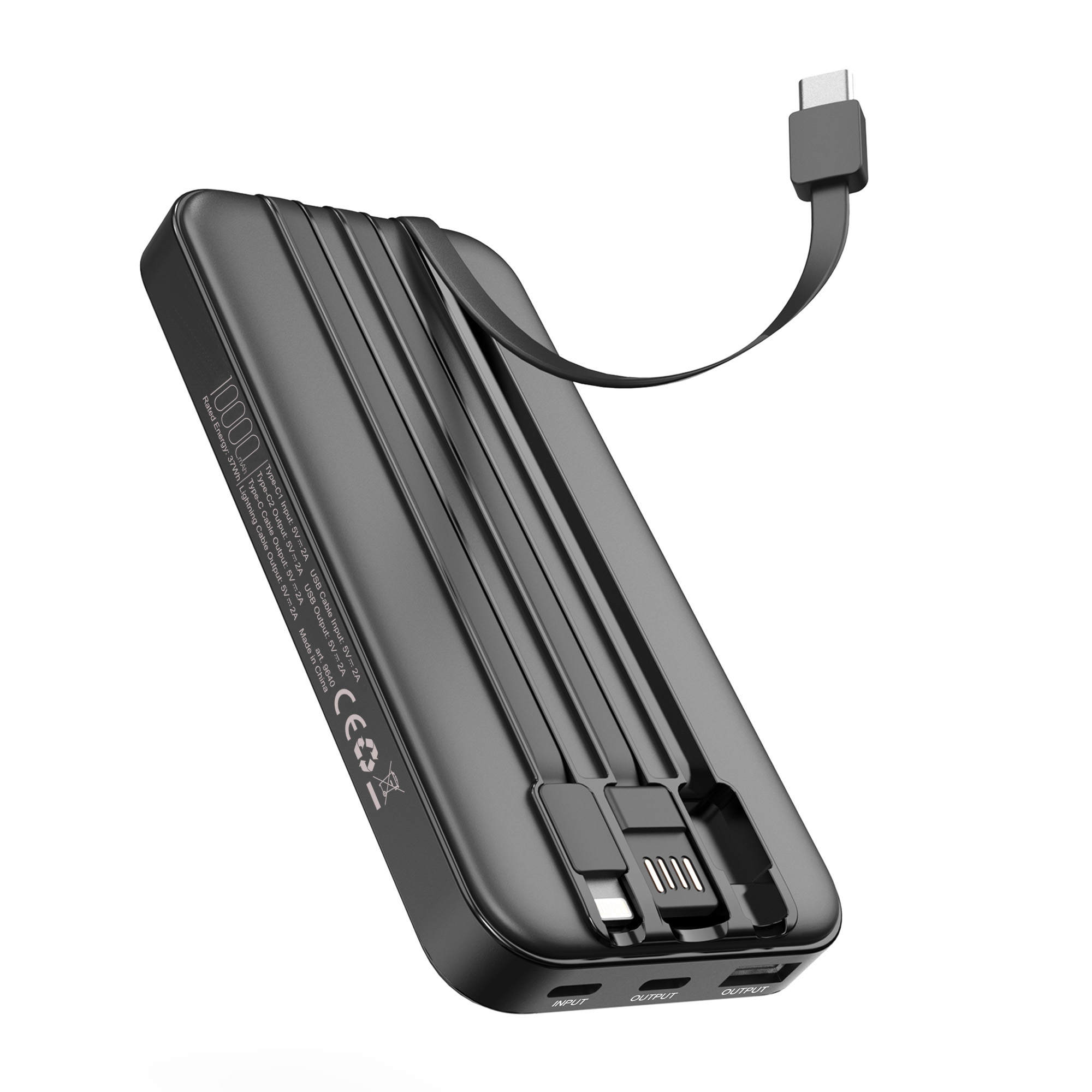 Зарядное устройство "Форт" 10000 mAh с подсветкой логотипа, встроенными кабелями и цифровым индикатором заряда, черный