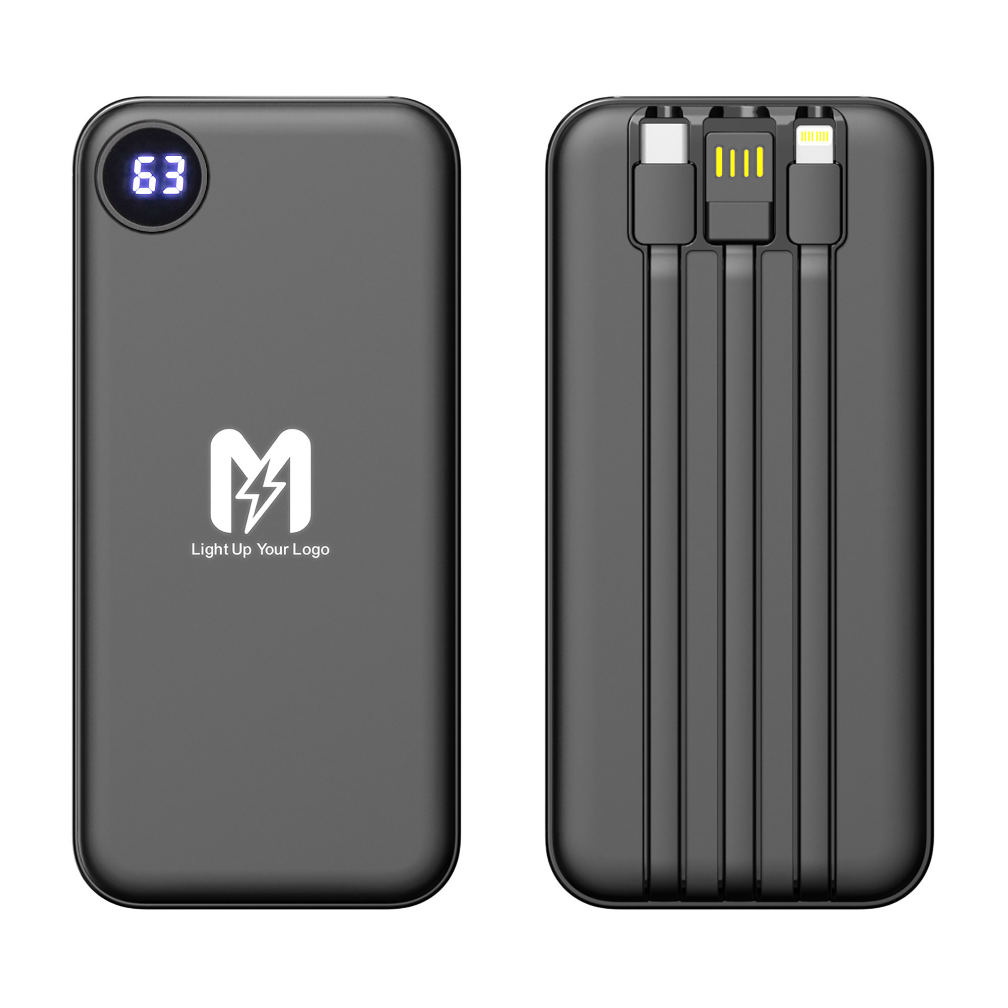 Зарядное устройство "Форт" 10000 mAh с подсветкой логотипа, встроенными кабелями и цифровым индикатором заряда, черный