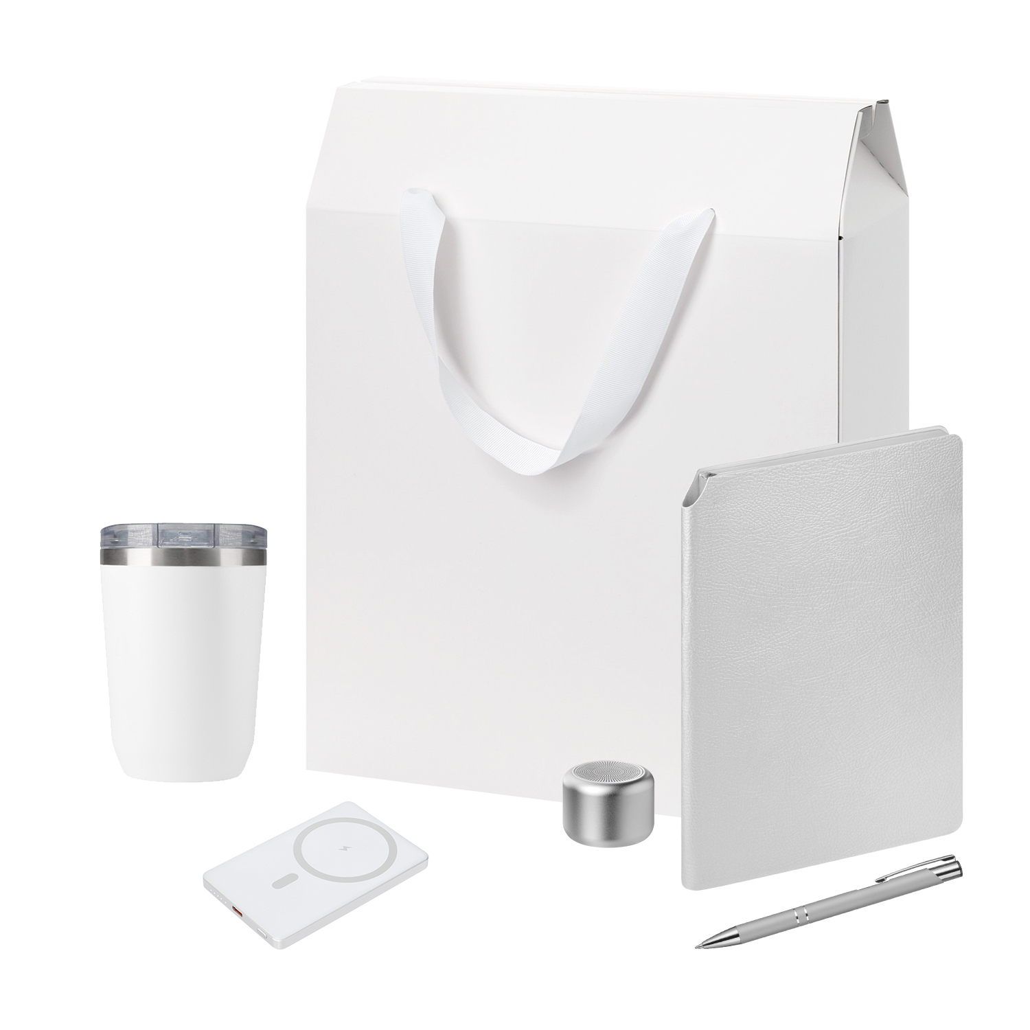 Подарочный набор Велком Пак Премиум (Welcome Pack Premium), серебряный (термокружка, колонка, ежедневник, ручка, ЗУ, коробка-пакет)